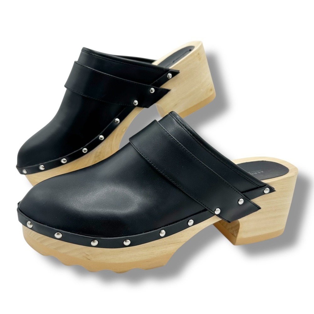 Aerosoles Black Faux Leather Studded‎ Clogs Wooden Platform Heel Sz 10.5M Women
